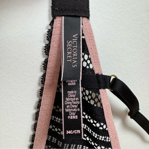 Victoria's Secret Luxe Plunge Bra Black Striped Lace + Pink Satin Underwire 34C - Picture 8 of 11